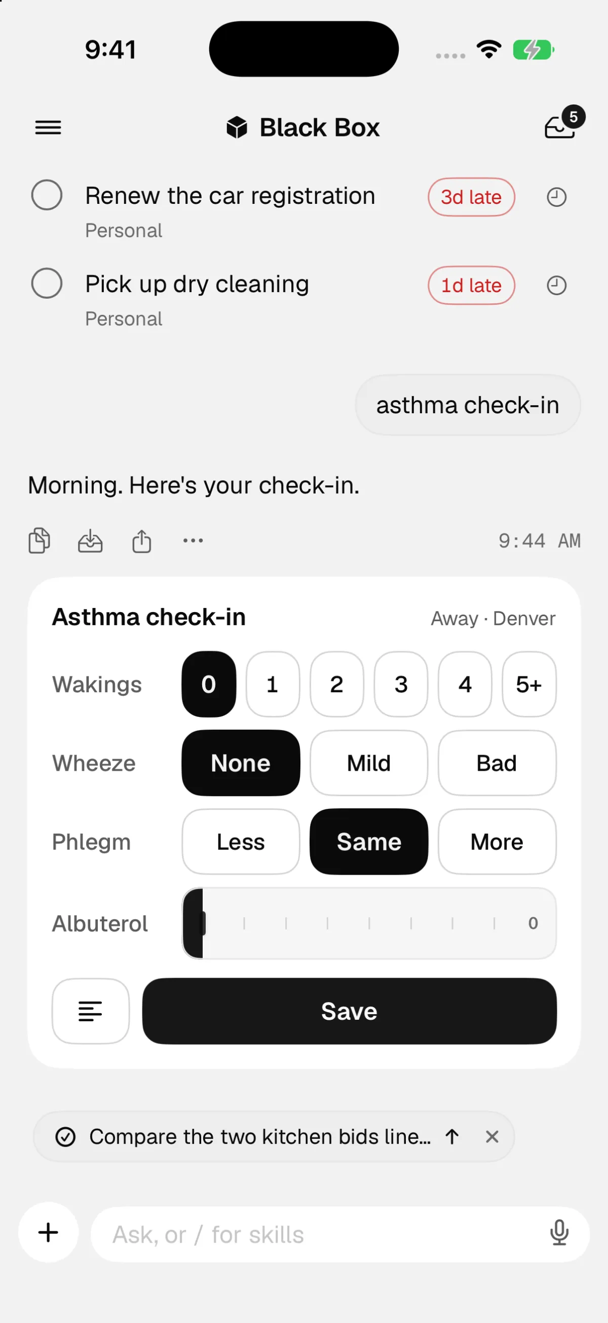 An asthma check-in card in the Black Box chat, marked Away in Denver, with buttons for wakings, wheeze and phlegm, an albuterol slider at 0, and a Save button.