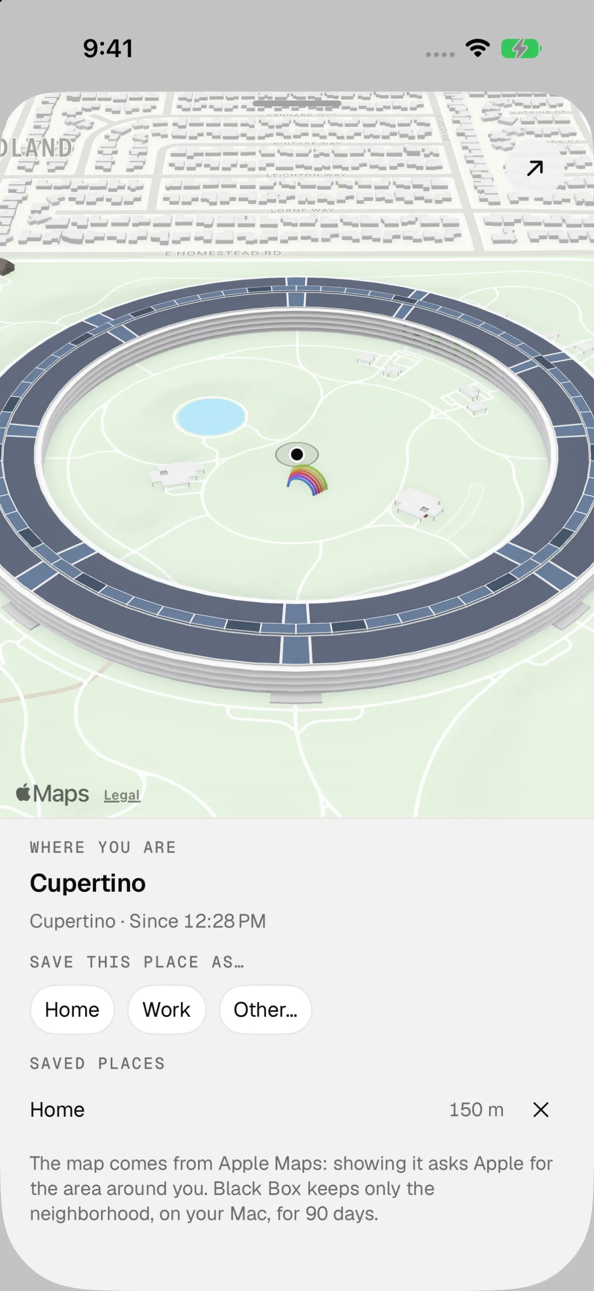 The place panel filled by a tilted 3D Apple map of Apple Park, with Where you are: Cupertino, since 12:28 PM below it.