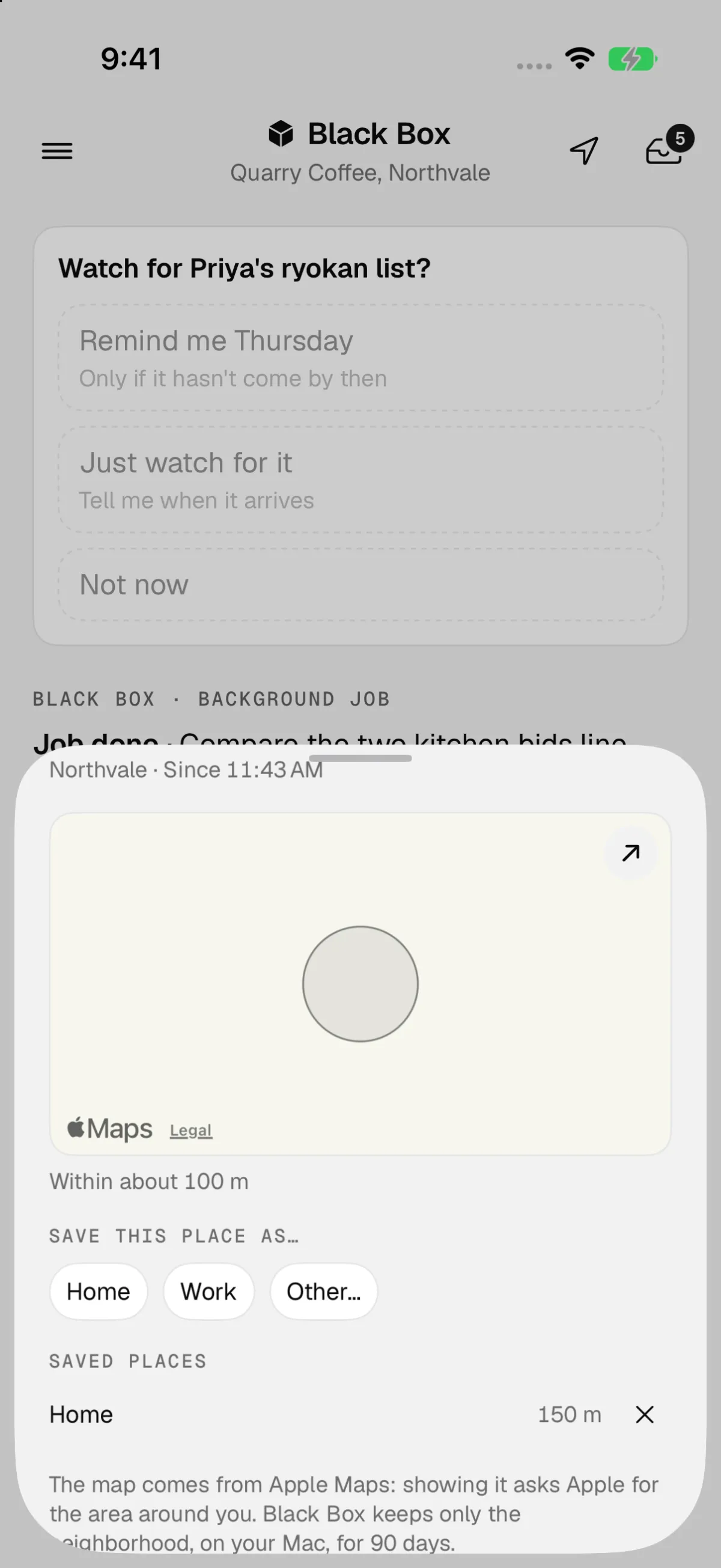 A place panel over the chat: Northvale since 11:43 AM, a small map with a circle around the area, buttons to save the place as Home, Work or Other, and a note that Black Box keeps only the neighborhood, for 90 days.