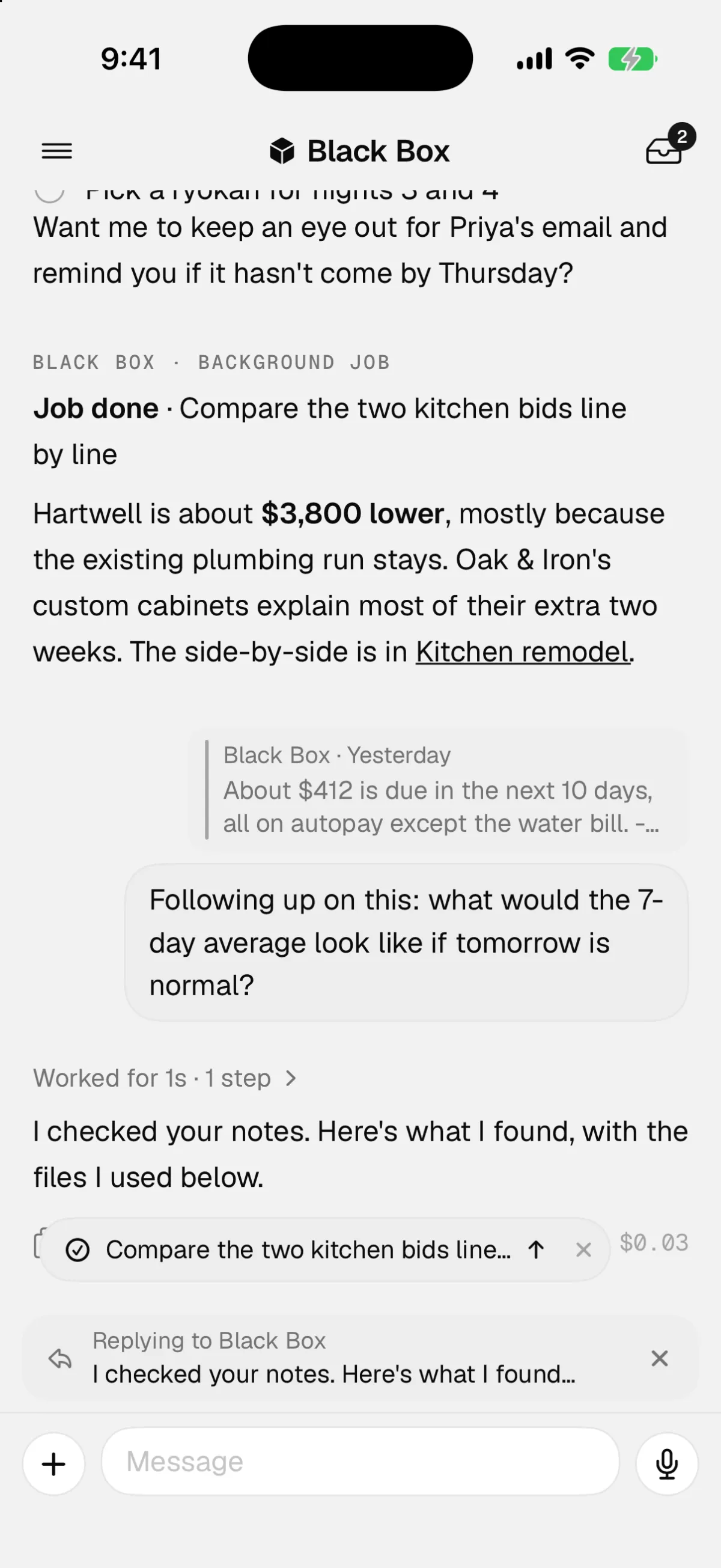 A chat where a finished background job reports Hartwell is about $3,800 lower than Oak & Iron because the plumbing stays, with a link to the Kitchen remodel note.