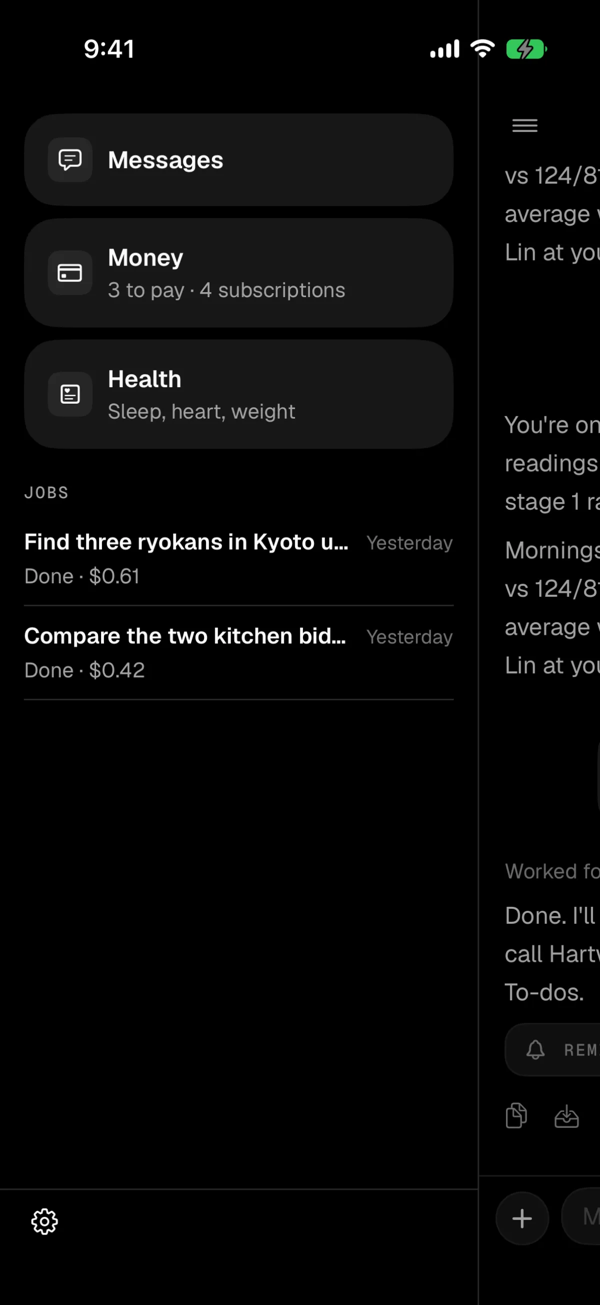 The side menu in dark mode with Messages, Money, Health and the two finished jobs, open over a chat about blood pressure.