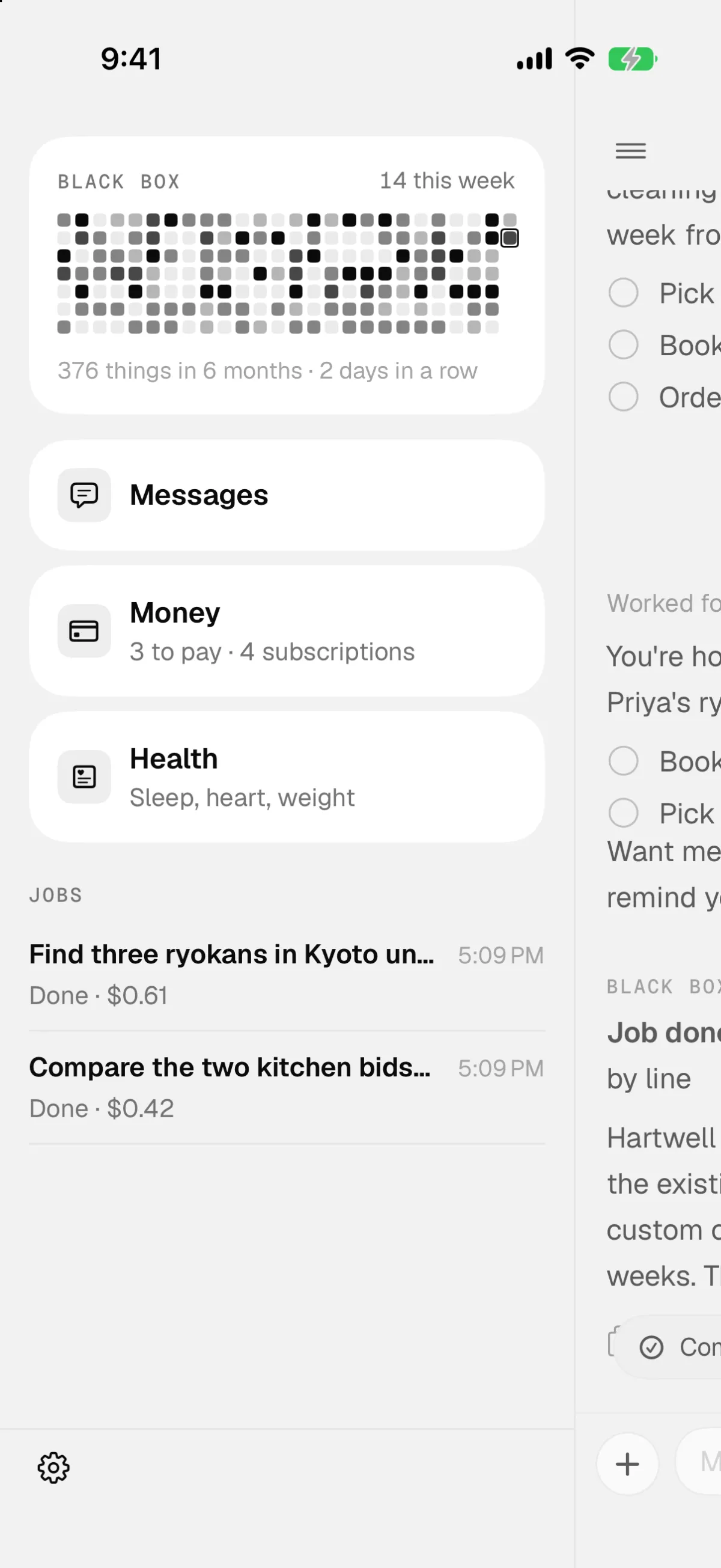 The side menu: an activity grid with 14 this week and 376 things in 6 months, links to Messages, Money and Health, and two finished jobs, Kyoto ryokans and the kitchen bids, each with its cost.
