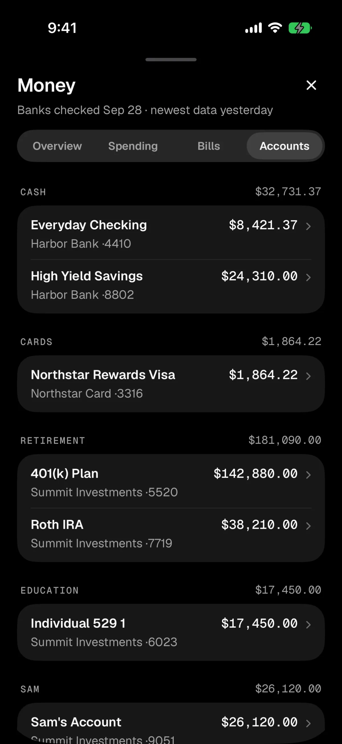 Accounts grouped as cash, cards, retirement, education and Sam's, each with its balance and last four digits.