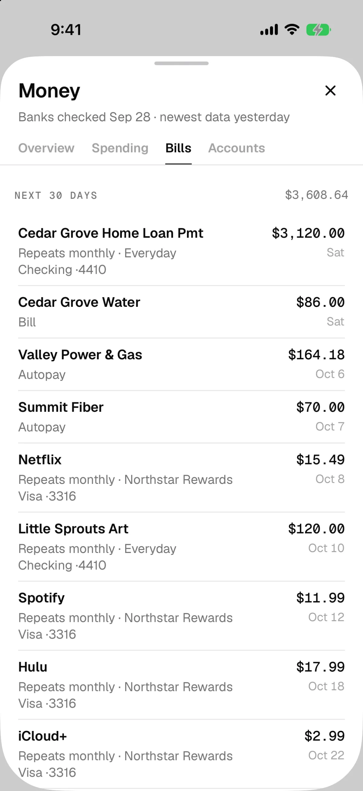 Bills for the next 30 days, $3,608.64 in all: the home loan, water, power, internet and four subscriptions, each with its date and account.