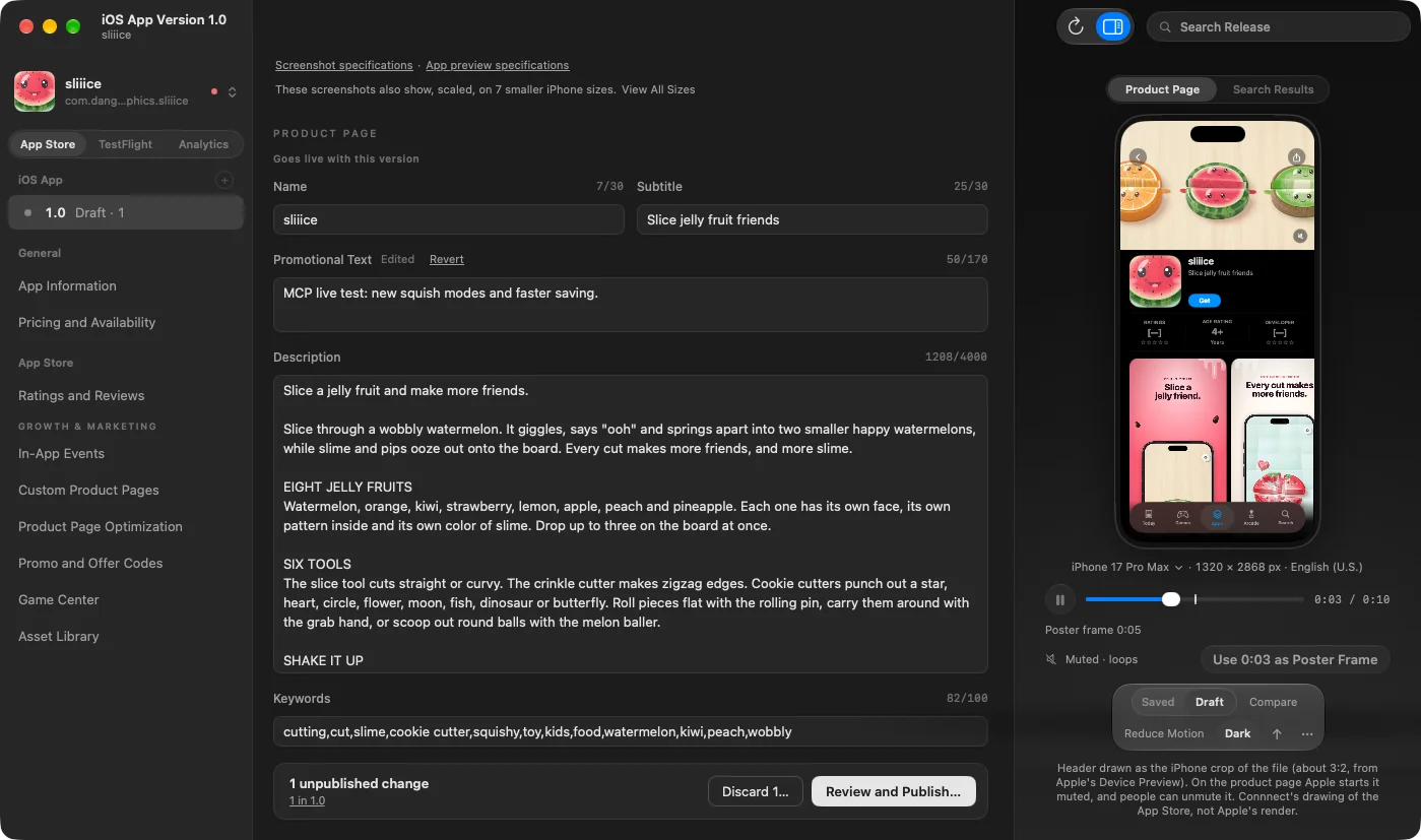 The sliiice version page. Promotional Text reads 'MCP live test: new squish modes and faster saving.' and is marked Edited, and a bar at the bottom shows one unpublished change.