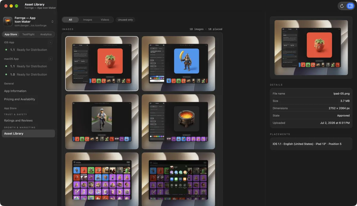 Forrrge's Asset Library, a grid of iPad screenshots.