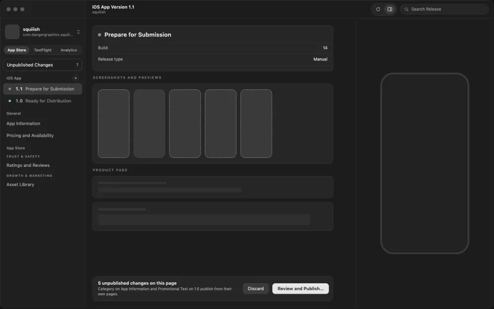 A wireframe of a version page with five screenshot tiles and a phone outline.