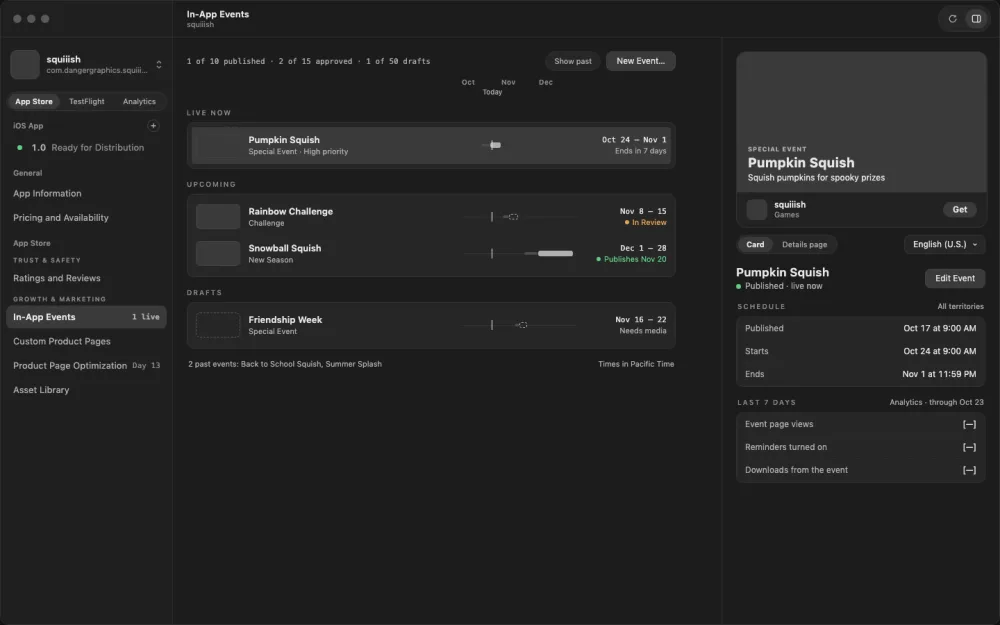 A wireframe of in-app events, with timeline bars and a card on the right.