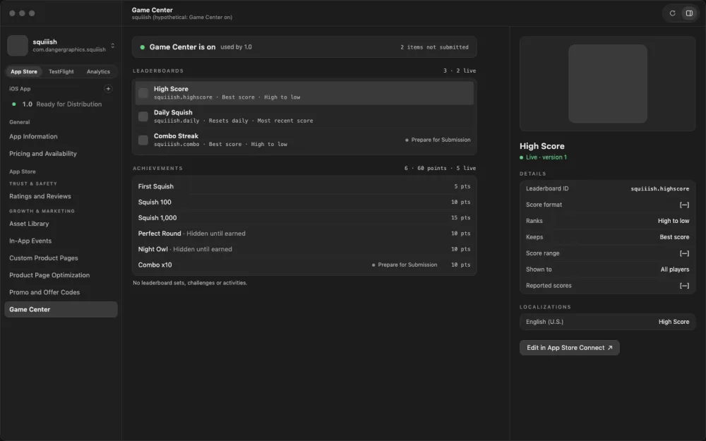 A wireframe of Game Center, leaderboards and achievements with details on the right.
